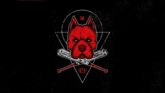 Red pitbull head with crossed baseball bats and brass knuckles