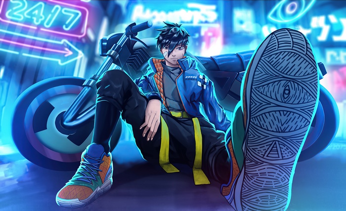 Anime character with motorcycle in neon city