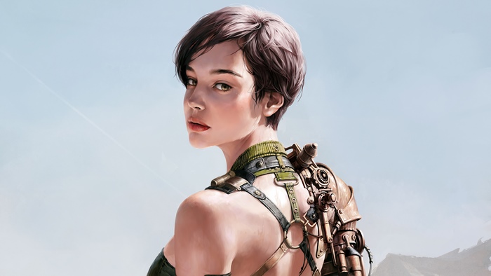 Cyberpunk artwork of a woman with a mechanical arm