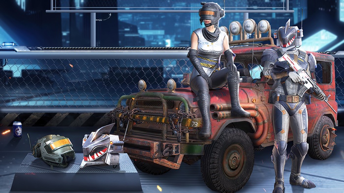 PUBG characters with a vehicle and helmets