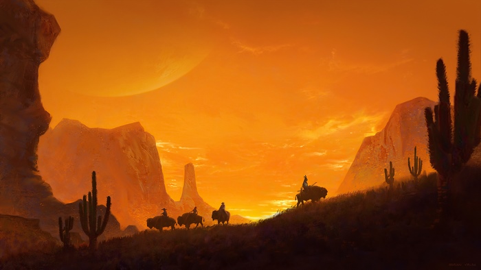 Cowboys riding buffaloes in desert landscape at sunset 4K