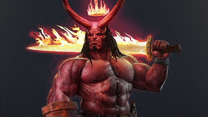 Hellboy with flaming sword artwork 4K
