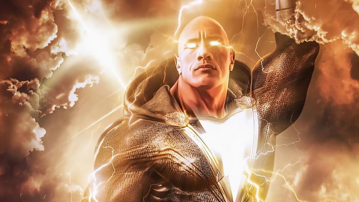 Black Adam with glowing eyes and lightning