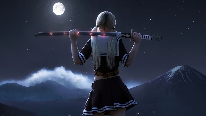 Girl with katana under the moon