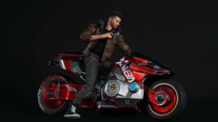 V from Cyberpunk 2077 on a motorcycle