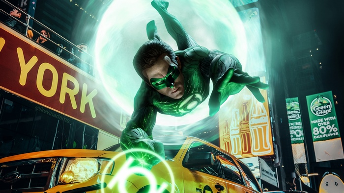 Green Lantern flying over a New York City street