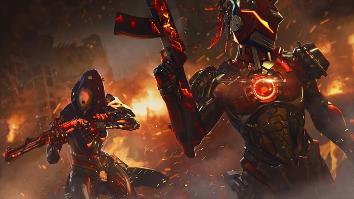 Two armored figures with guns in a fiery battle