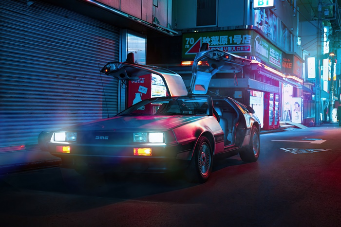 DeLorean car in a neon-lit street