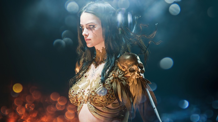 Woman with skull shoulder armor