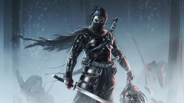 Samurai warrior holding a severed head, Ghost of Tsushima