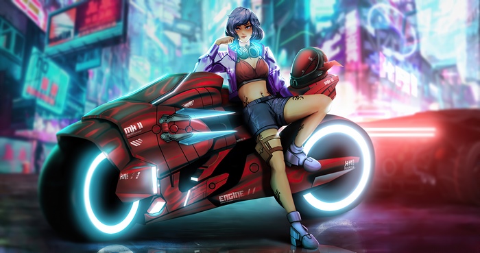 Woman with headphones on a futuristic motorcycle in a neon city