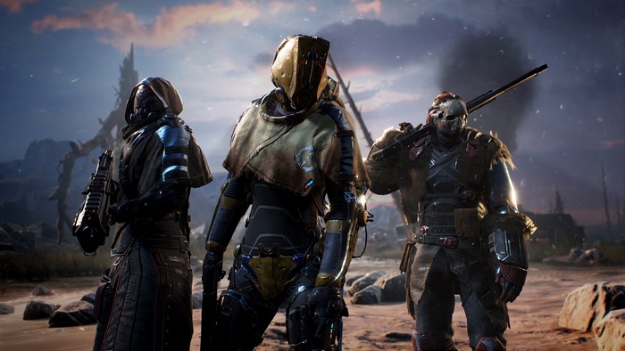 Outriders characters in a post-apocalyptic landscape 4K