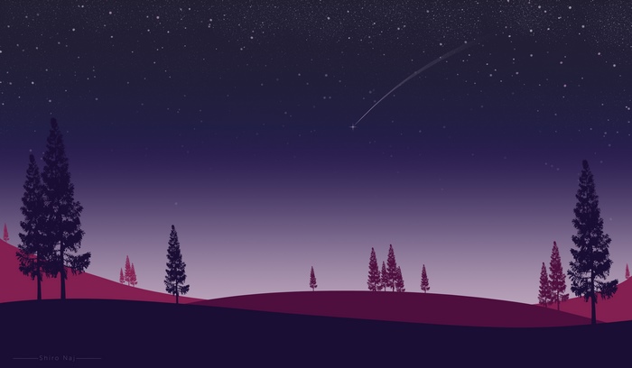 Minimalist landscape with trees and shooting star