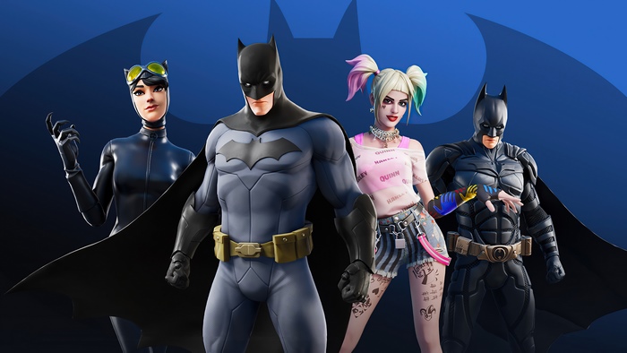 Catwoman, Batman, and Harley Quinn from Fortnite