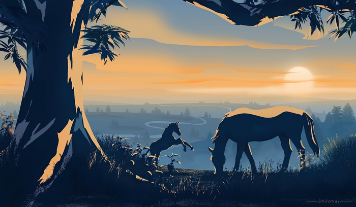 Horses in a misty landscape at sunset, digital art