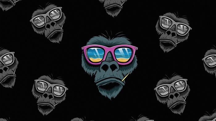 Gorilla wearing sunglasses with beach reflection
