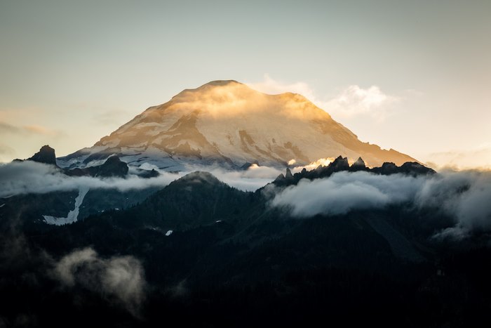 Mount Rainier at sunset with clouds