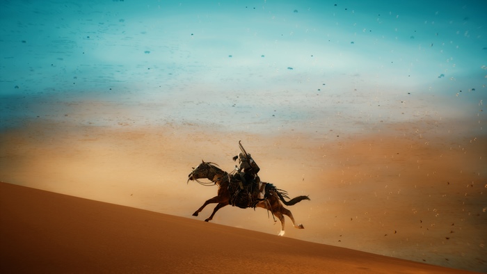 Assassin riding a horse in the desert