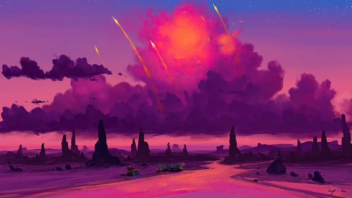 Alien landscape with meteors and spacecraft