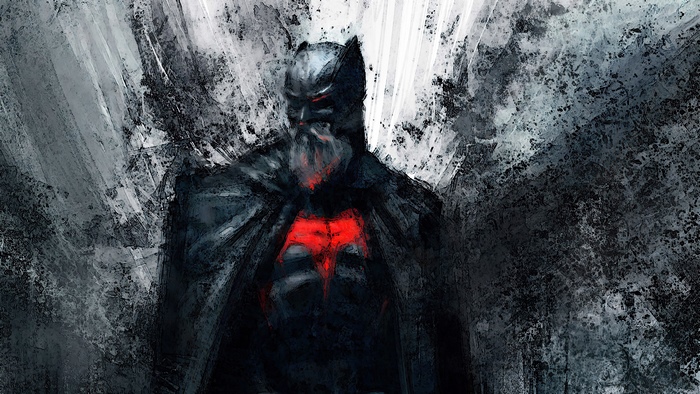 Artwork of Batman with red symbol