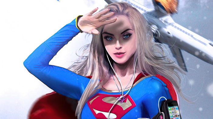 Supergirl with iPhone and Airplane