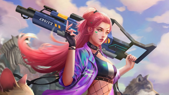 Artwork of a woman with pink hair holding a gun