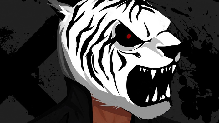 Man wearing a white tiger mask with red eyes
