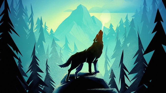 Minimalist Digital Art of Howling Wolf in Forest