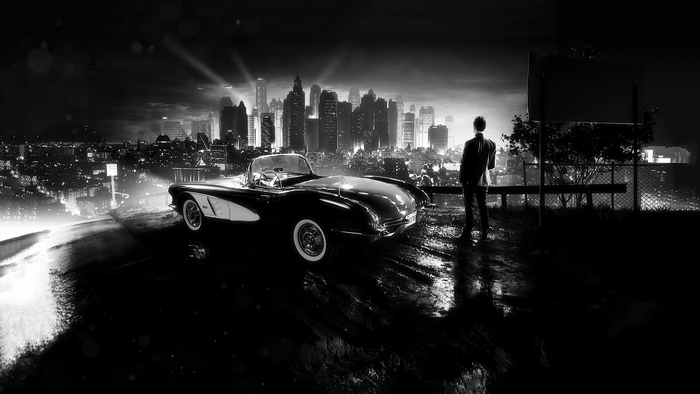 Black and white artwork of a man and a classic car overlooking a city