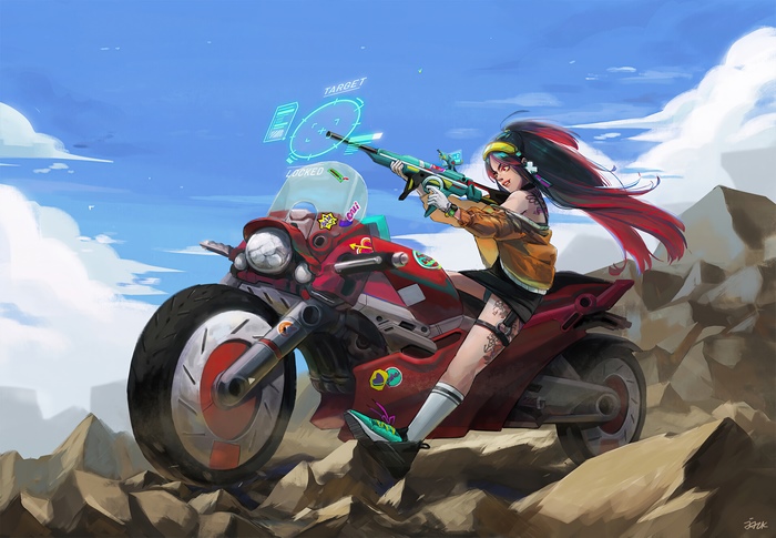 Girl with rifle on a motorcycle
