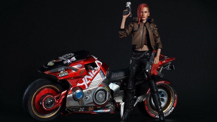 Female character with a motorcycle from Cyberpunk 2077