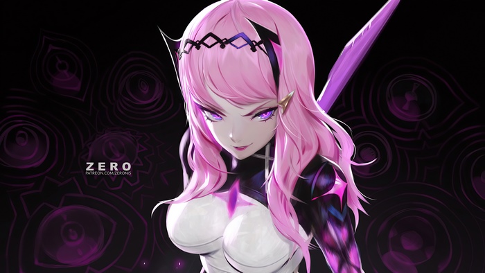 Zero with pink hair and purple eyes holding a sword