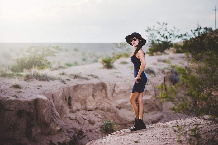 Woman in hat and sunglasses in desert
