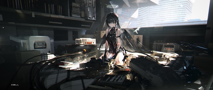 Anime girl in a futuristic room with a city view