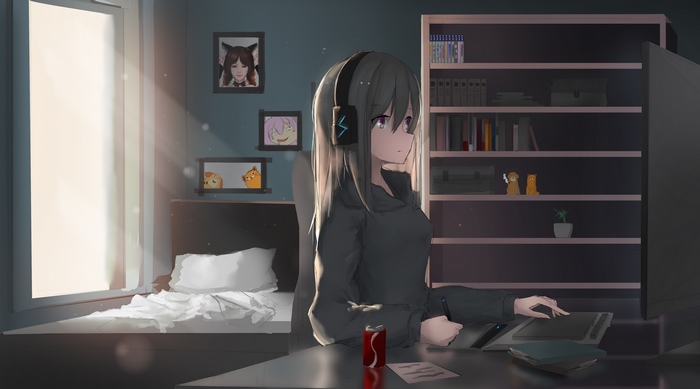 Anime girl with headphones working on digital art