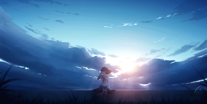 Anime girl sitting on a wall at sunset