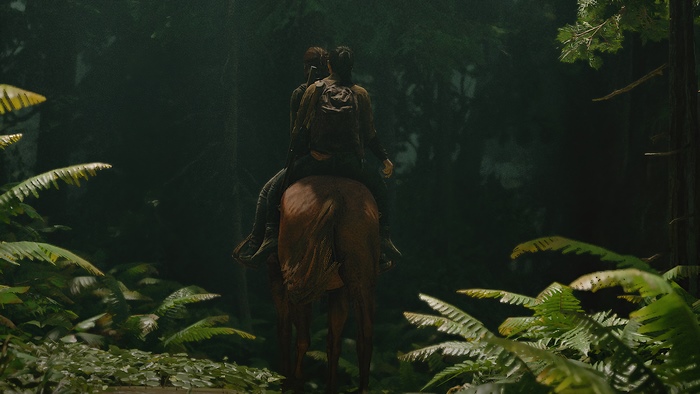 Ellie and Joel from The Last of Us Part II on horseback