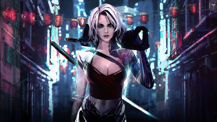 Cyberpunk warrior with sword in neon city