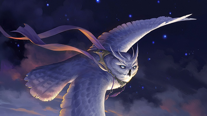 Artwork of a majestic owl flying at night