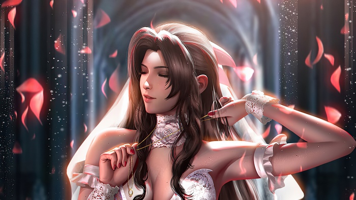 Aerith Gainsborough from Final Fantasy in a wedding dress
