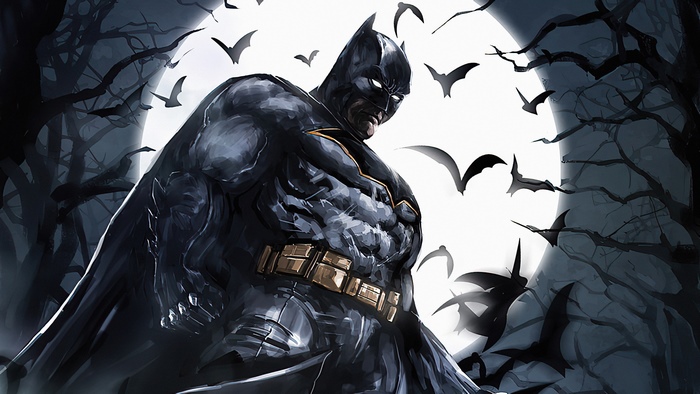 Batman in front of a full moon with bats and trees