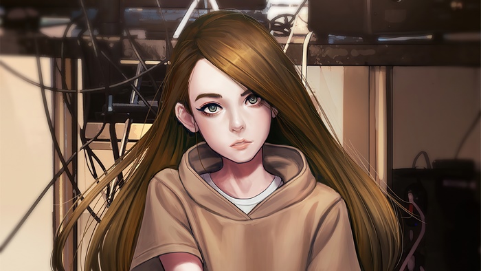 Anime girl with long brown hair and green eyes