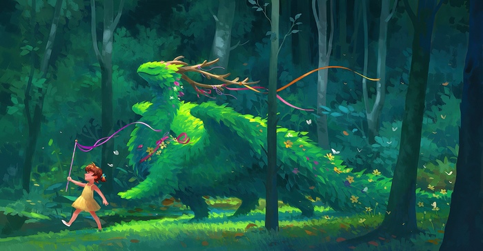 A girl and a green dragon in a forest