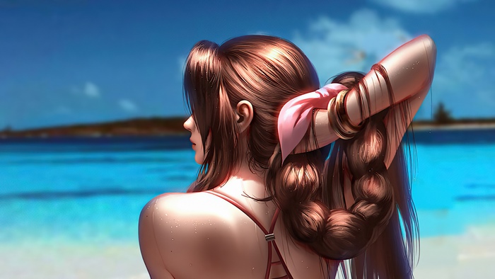 Aerith Gainsborough from Final Fantasy on a beach