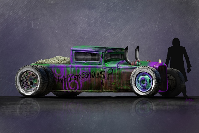 Joker-themed hot rod truck with money in the bed
