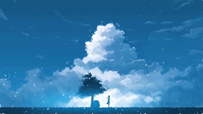 Anime girl standing under a tree with clouds