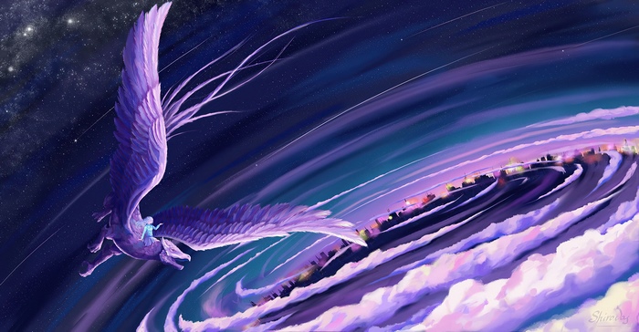 Pegasus flying through a galaxy with a city below