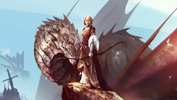 Archer with Dragon and Sword in Fantasy Landscape 4K