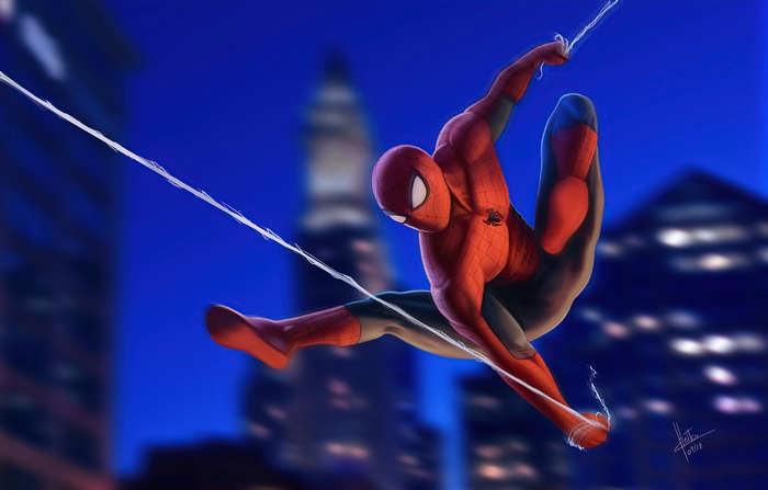 Spider-Man swinging through a city at night