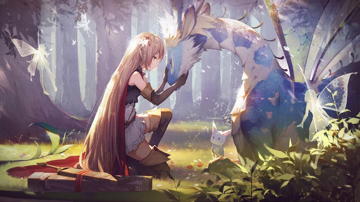 Anime girl with dragon and fairies in forest